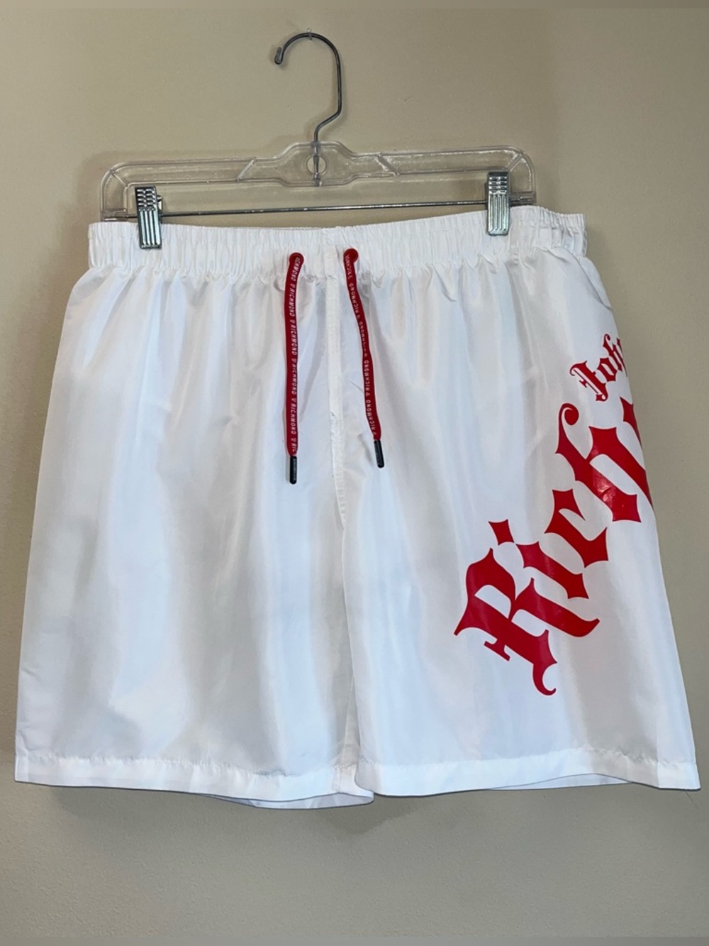 John Richmond Men’s Skirno Swim Trunks White/Red Drawstring Pocket EUC 
SZ XL